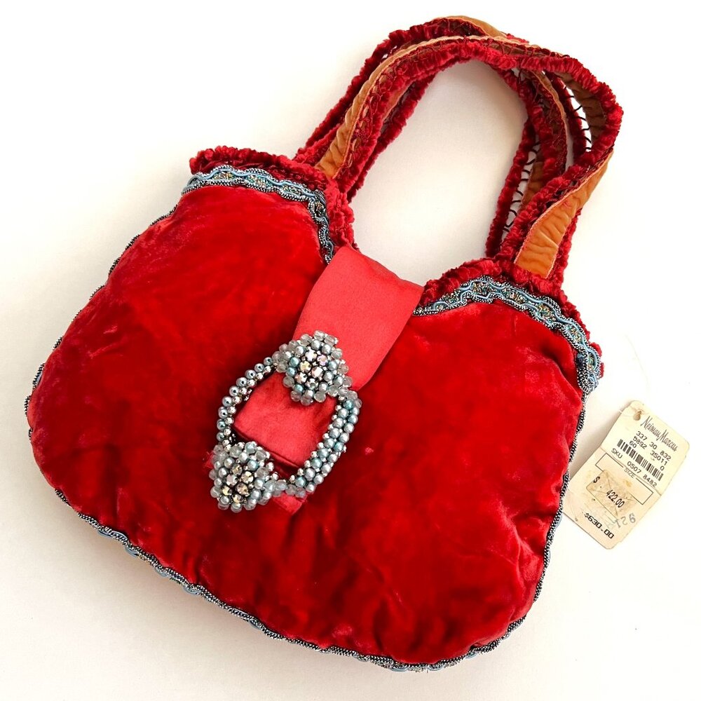 VOYAGE Red Silk Velvet Handbag Tote Purse Vintage late 1990s